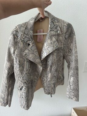 Philosophy Faux Snakeskin Moto Jacket in Neutral Beige & Black